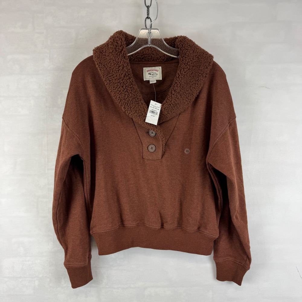 American Eagle Sherpa Collar Henley Sweatshirt Womens XS Brown Cozy Pullover NWT
